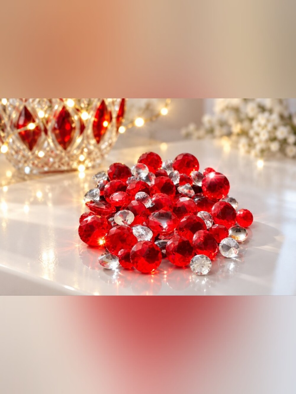 🔴 Red & Clear Acrylic Diamond Gems Decorative Vase Filler Table Decor 7 oz